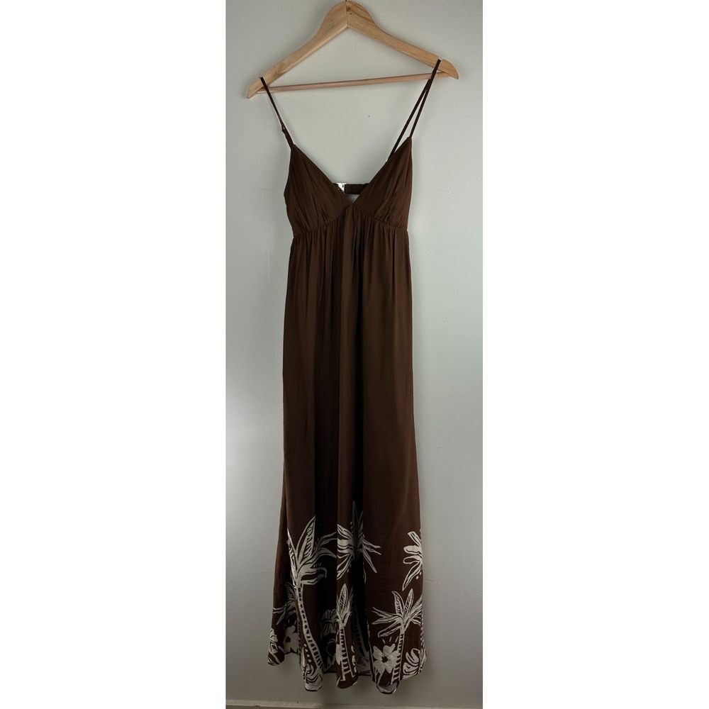 Abercrombie & Fitch Bra Free Brown Tropical Palm Print Open Back Maxi Dress ST - Picture 2 of 14